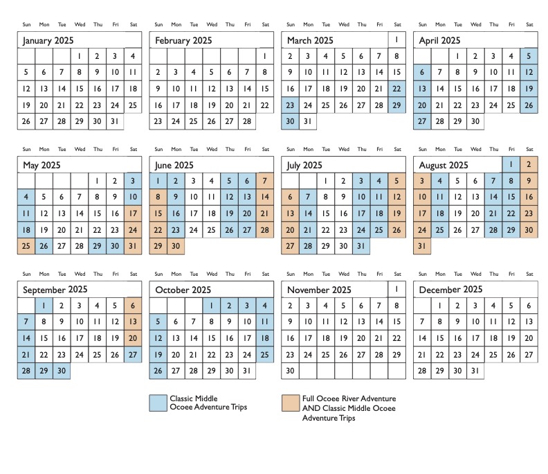 2025 calendar with blue highlights on the dates the Middle Ocoee is releasing and light orange for the dates the the full river is releasing.